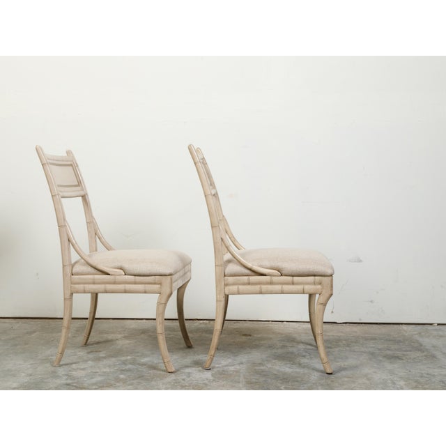 Pair of Midcentury Faux Bamboo Side Chairs with Saber Legs and New Upholstery For Sale In Atlanta - Image 6 of 11