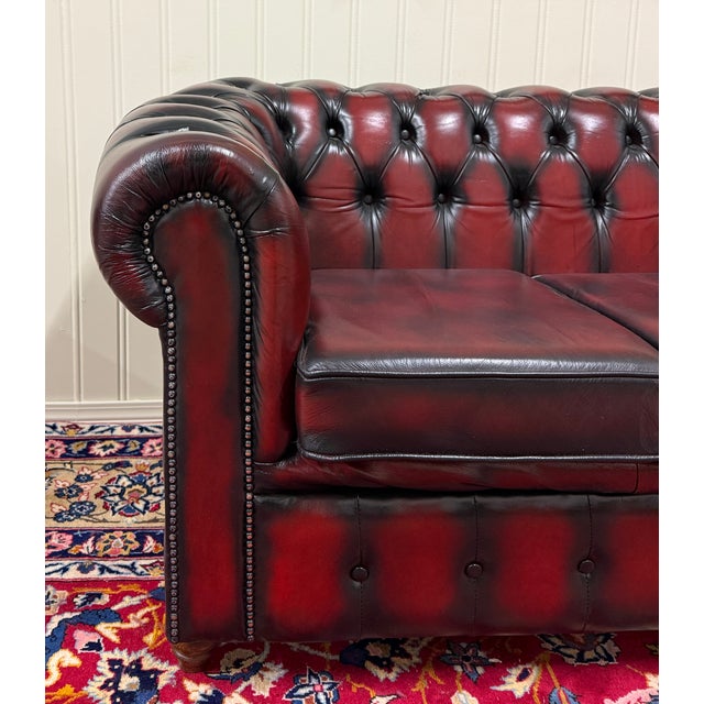 Vintage English Chesterfield Leather Tufted Sofa Oxblood Red Mid Century For Sale - Image 10 of 18