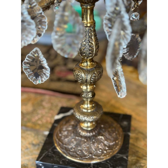 Victorian 1940s Victorian Brass, Marble and Crystal 5-Arm Table Lamp For Sale - Image 3 of 11