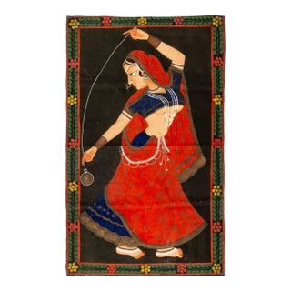Indian Portrait of a Dancer Gouache on Fabric For Sale