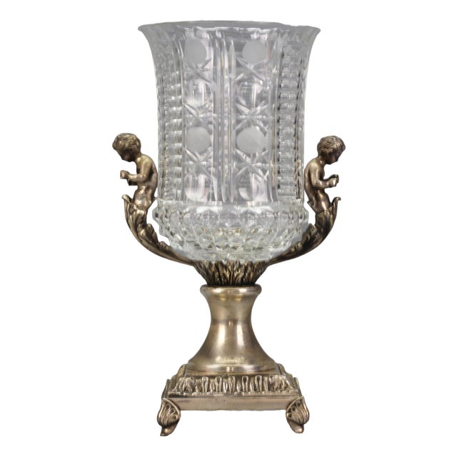 Czech Crystal Glass and Brass Vase with Cherubs, 1970s For Sale