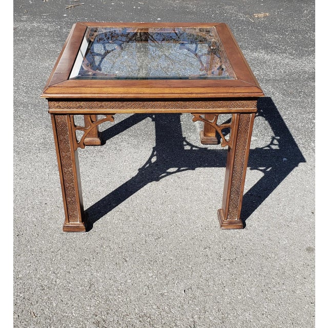 Pair Chinese Chippendale Fruitwood Glass Inset Side Tables For Sale - Image 4 of 9