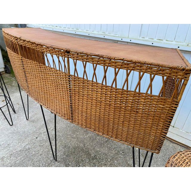 Vintage Bar Counter with Rattan and Metal Stools, 1950s, Set of 3 For Sale - Image 13 of 18