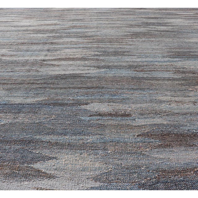 Tribal Modern Blue and Grey Kilim Rug by Keivan Woven Arts, Hand-Woven Wool, 9' X 11'7" For Sale - Image 3 of 12