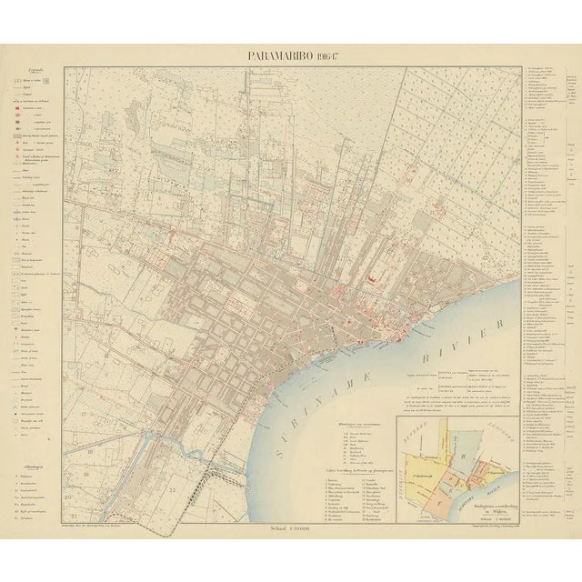 Large lithographed plan of Paramaribo, capital city of Suriname, showing the situation, circa 1916-1917. with small inset...