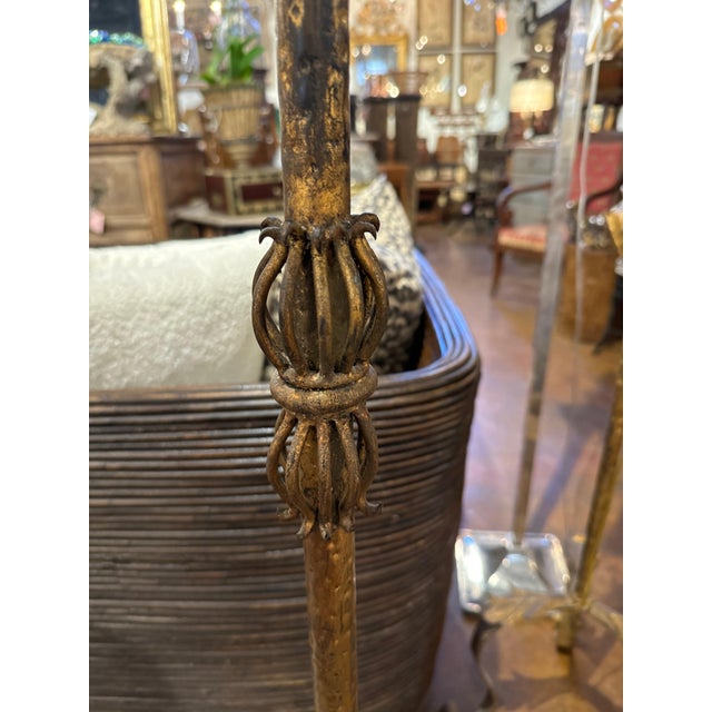 Spanish mid century gold gilt floor lamp with wax candle cover. Newly rewired 64” h to socket 45-242