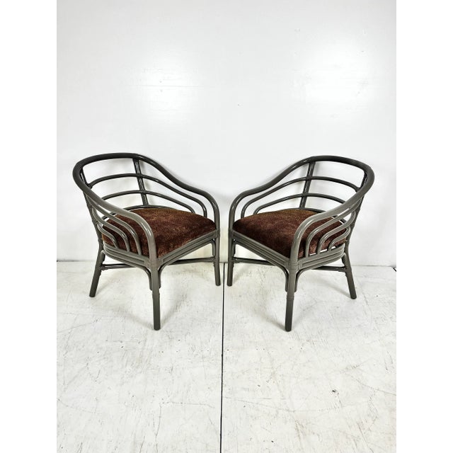 Vintage pair of newly lacquered rattan arm chairs. Curved rattan banded frame redone in high gloss Sherwin Williams "Black...