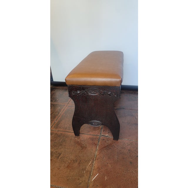A wonderful Spanish Revival textured old world bench. This bench 1920s has a faux leather top, that can easily be changed...