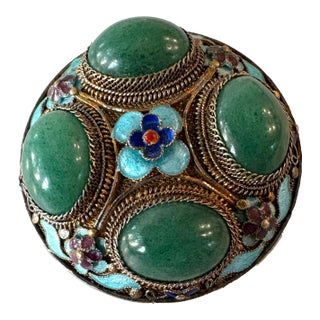 Vintage Chinese Brooch Features Enamel and Sterling Silver Filigree Work Set With Jade For Sale