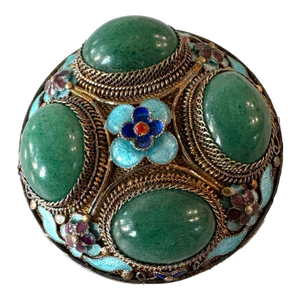Vintage Chinese Brooch Features Enamel and Sterling Silver Filigree Work Set With Jade