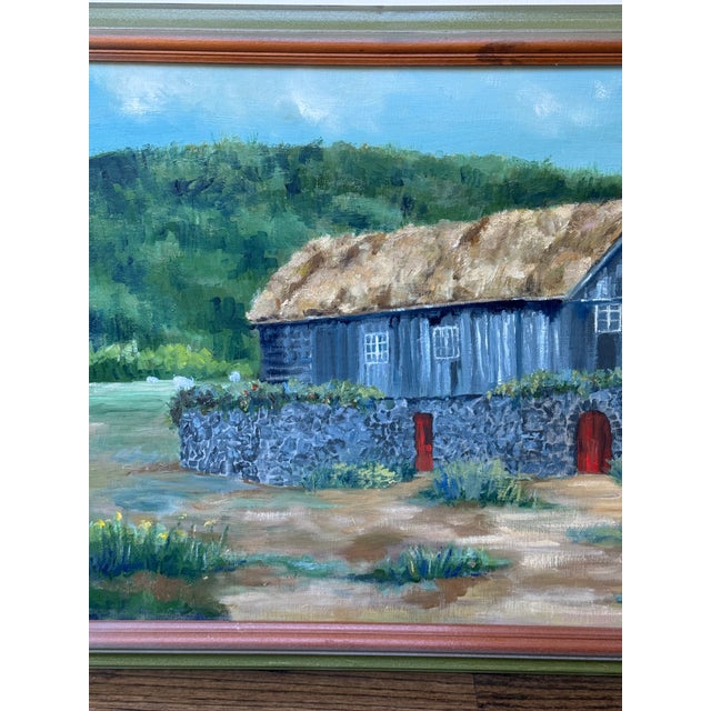 1960’s Pastoral / Architectural Folk Art Oil Painting on Faroe Islands For Sale In Seattle - Image 6 of 14