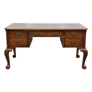 Hekman Furniture Solid Walnut Traditional Chippendale Style 58" Writing Desk W. Tooled Leather Top For Sale