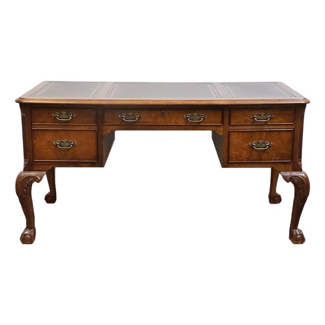 Hekman Furniture Solid Walnut Traditional Chippendale Style 58" Writing Desk W. Tooled Leather Top For Sale