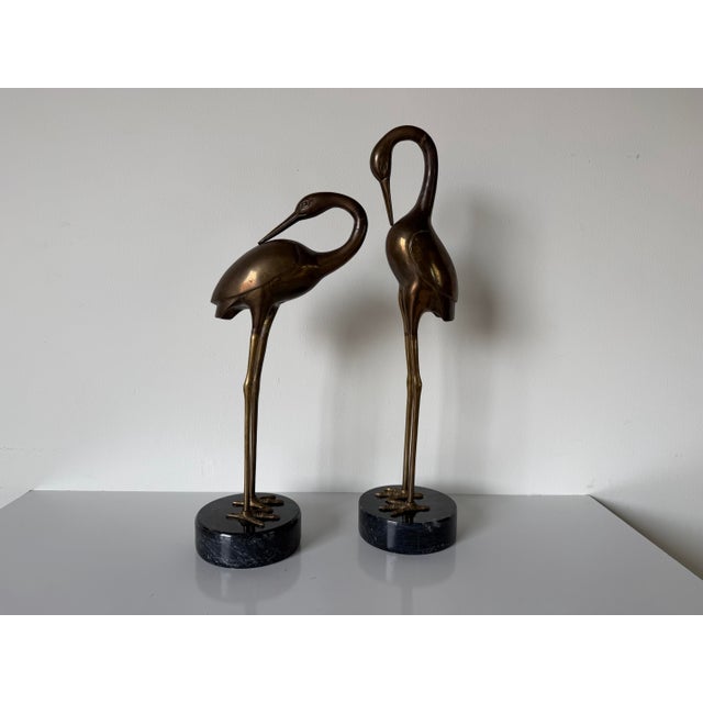 Mid-Century Modern Pair of Life-Size Vintage Brass Crane Sculptures on Black Marble Bases For Sale - Image 3 of 12