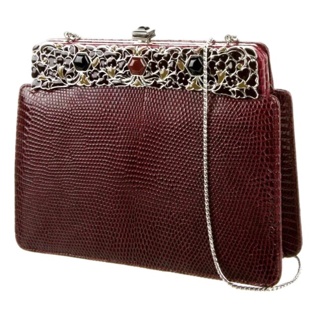 1990s Judith Leiber Lizard Skin Brown Burgundy Day Evening Handbag Gem Enamel Vintage For Sale