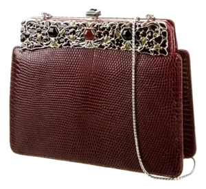 1990s Judith Leiber Lizard Skin Brown Burgundy Day Evening Handbag Gem Enamel Vintage