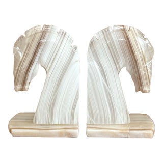 Vintage Onyx Horse Head Bookends – Cream & Taupe Striped Stone Pair, 6.5” For Sale