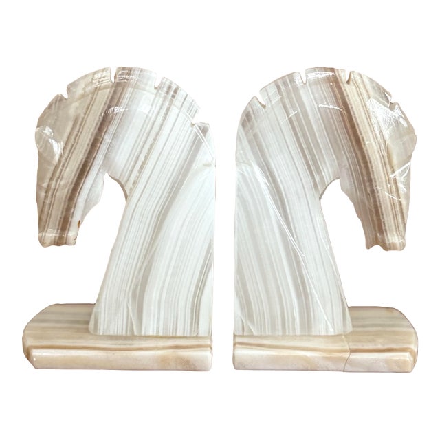 Vintage Onyx Horse Head Bookends – Cream & Taupe Striped Stone Pair, 6.5” For Sale
