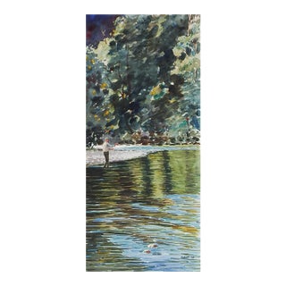 Contemporary Fly Fisherman Watercolor Painting For Sale