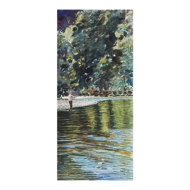 Contemporary Fly Fisherman Watercolor Painting For Sale