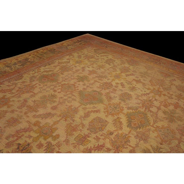 1900s Orange Peach Floral Geometric Antique Turkish Oushak Rug 17' 6" X 18' Knotted Pile Wool Carpet For Sale - Image 9 of 11