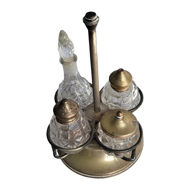 1940s Victorian-Style Brass Glass Condiment Set - 5 pcs For Sale
