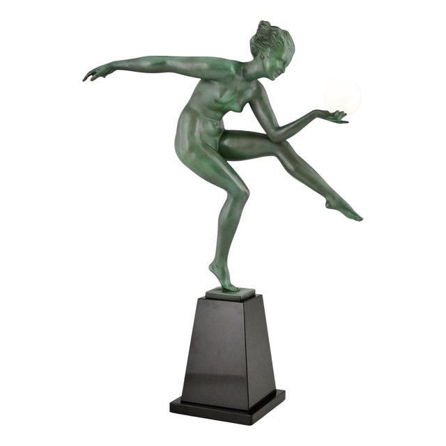 Art Deco Nude Disc Dancer in Metal on Marble Base by Andre Derenne and Marcel Bouraine, France, 1930s For Sale