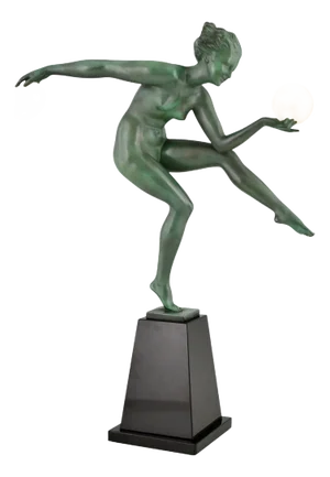Art Deco Nude Disc Dancer in Metal on Marble Base by Andre Derenne and Marcel Bouraine, France, 1930s