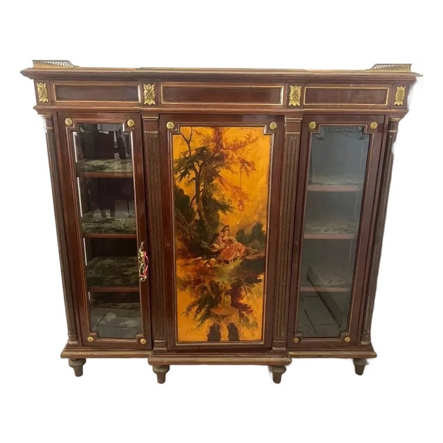 Hand Painted Mahogany French Display Cabinet Brass For Sale