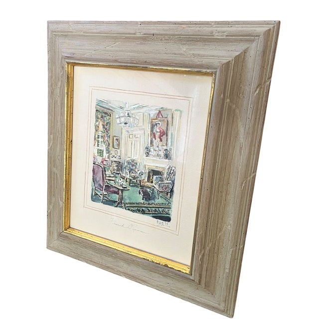 French 1935 “French Room” Signed Watercolor Interior Painting in Gilt-Trimmed Wood Frame For Sale - Image 3 of 10