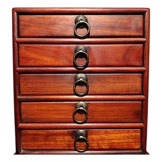 1990s Rosewood Five‑Drawer Jewelry Cabinet, Hand‑Made Mortise‑Tenon Storage Chest Chinoiserie For Sale