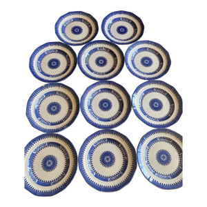 11 Antique Blue Transfer Decorated 8 1/4" Plates, "Dagger Border" by J. Wedgwood