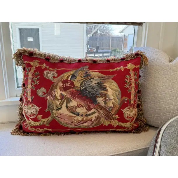 Late 20th Century Vintage French Aubusson Style Red Parrot Tapestry Pillow With Velvet Back For Sale - Image 5 of 6