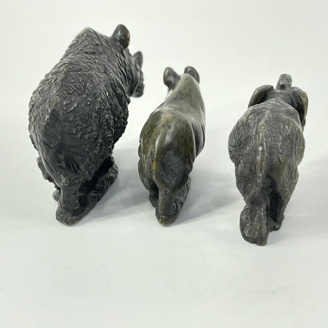 3 Shona Stone animal sculptures, originating from Zimbabwe, featuring two Rhinos and one Elephant. Shona stone carvings,...