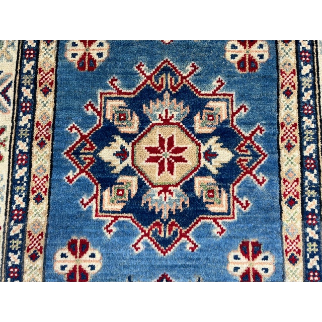 Blue Blue and Cream Kazak-Style Wool Runner Rug With Tribal Medallions, 2'8" X 9'7" For Sale - Image 8 of 15