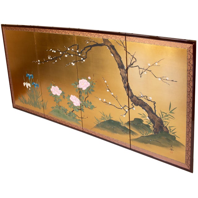 Japanese "Plum Blossom, Peonies and Irises" by Kokei, Showa Era Japanese Byobu Screen For Sale - Image 3 of 18