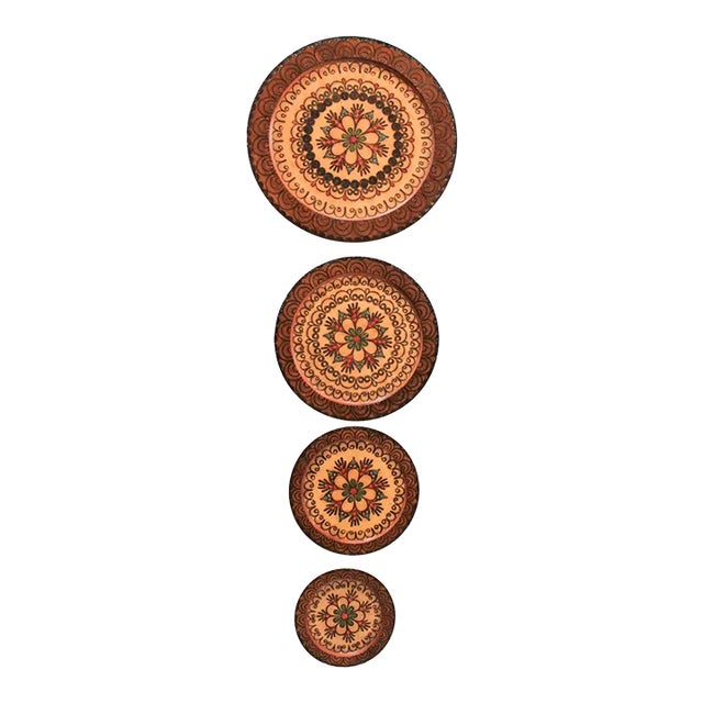 Handcrafted Painted Pyrography Wooden Plates Krakow Poland Folk Wall Art - S/4 For Sale