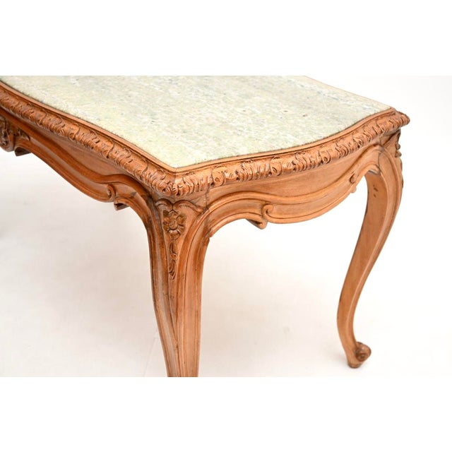 Vintage French Carved Walnut Coffee Table with Marble Top, 1930 For Sale - Image 9 of 11
