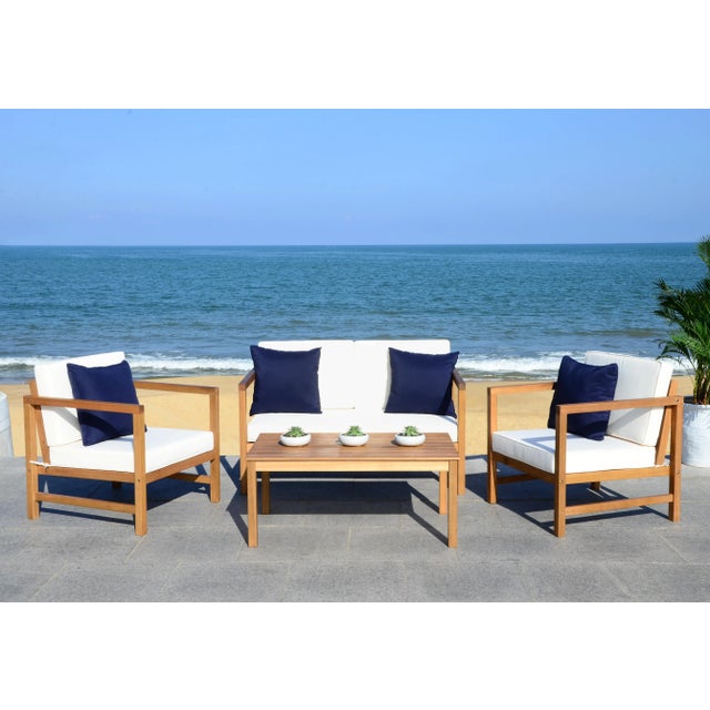 2020s Outdoor Table and Chair Set With Accent Pillows in Natural & White & Navy - 4 Pieces For Sale - Image 5 of 10