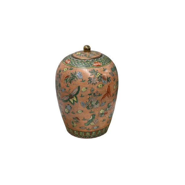 An exquisite vintage Chinese porcelain lidded ginger jar, beautifully hand-painted in a vibrant famille rose palette over...