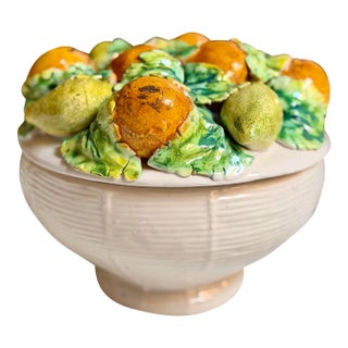 Vintage Italian Majolica Style Lemon and Orange Lidded Topiary Jar For Sale
