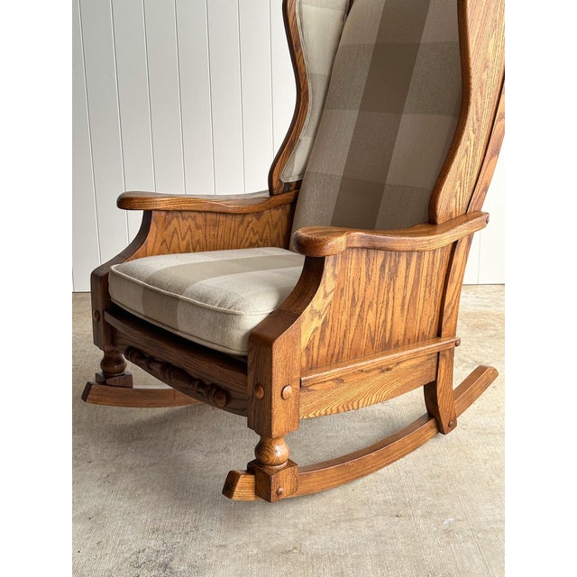 Studio Craft Oak Wingback Rocking Chair With Carved Rail, C. 1970s For Sale - Image 15 of 18