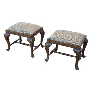 Early 20th Century Greek Key Queen Anne Walnut Foot Stools Benches Ottomans - A Pair For Sale