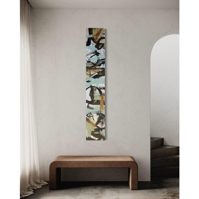 Textile Christiane Corcelle "Whispers of the Forest 4" Mixed Media on Canvas, Tall Narrow Abstract Painting in Pale Blue and Black, 2024 For Sale - Image 7 of 9