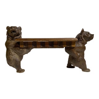 Early 1900s Antique Black Forest Carved Bear Music Box Child’s Bench For Sale