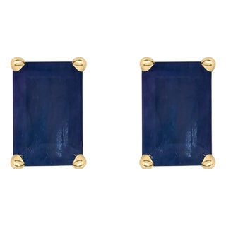 14K Yellow Gold 6x4MM Emerald Shaped Sapphire Solitaire Stud Earrings For Sale