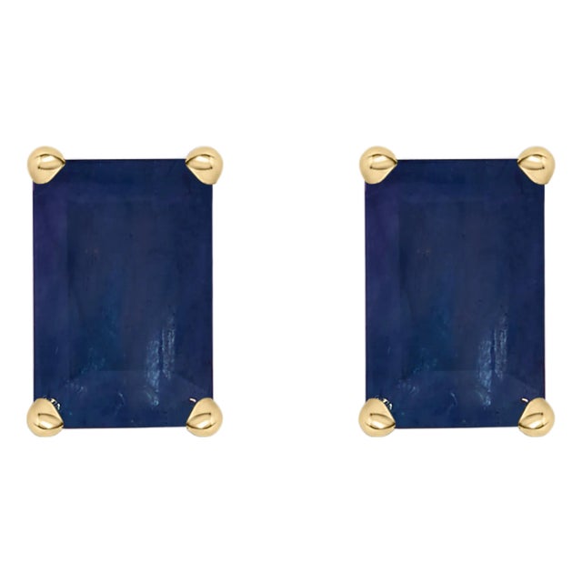 14K Yellow Gold 6x4MM Emerald Shaped Sapphire Solitaire Stud Earrings For Sale