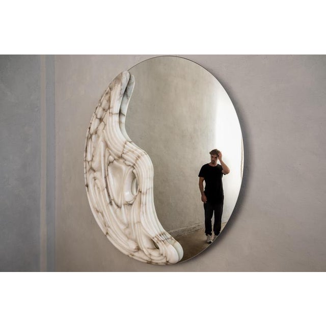 Large Fossil Moon Wall Mirror in Alabaster and Glass Mirror by Amarist Studio For Sale - Image 15 of 17