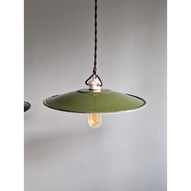 Vintage Industrial Pendant Lights in Green Enameled Sheet Metal and Porcelain, 1940s, Set of 3 For Sale - Image 6 of 18