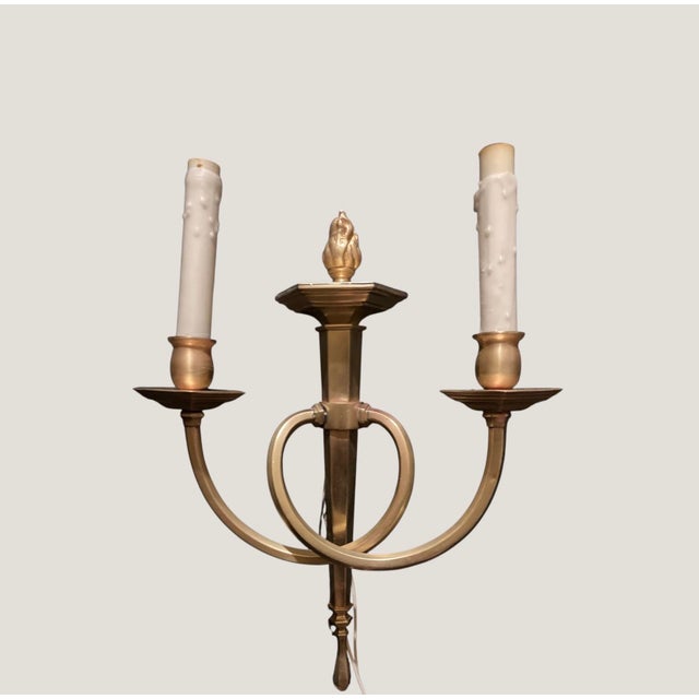 Early 20th Century Pair of Antique French Brass Two-Light Wall Sconces With Double Scroll Arms For Sale - Image 5 of 5